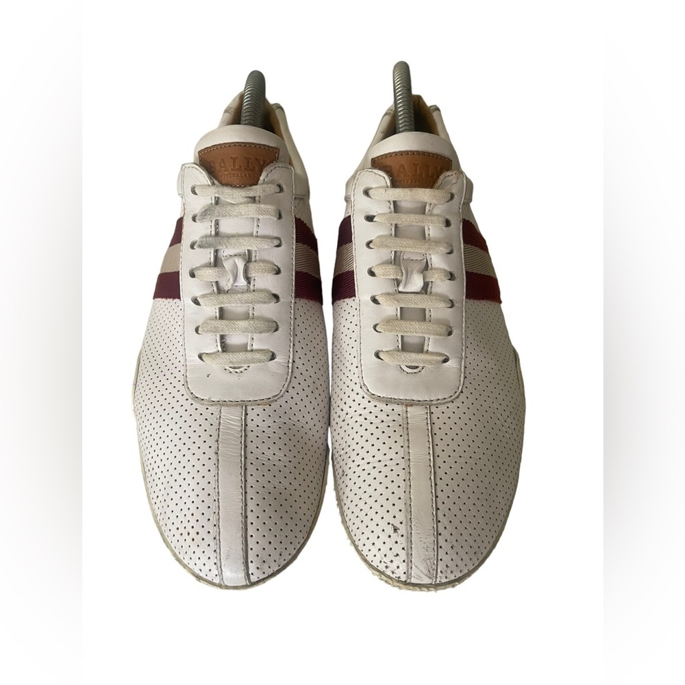 Bally Frenz Size 9.5 Perforated Leather Textile-Stripe White Platform Sneakers - Picture 4 of 10